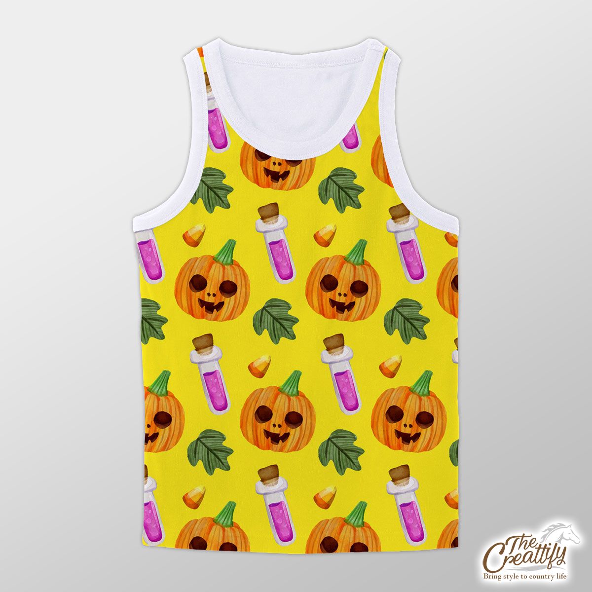 Scary Pumpkin Face and Witch Potions Yellow Halloween Unisex Tank Top