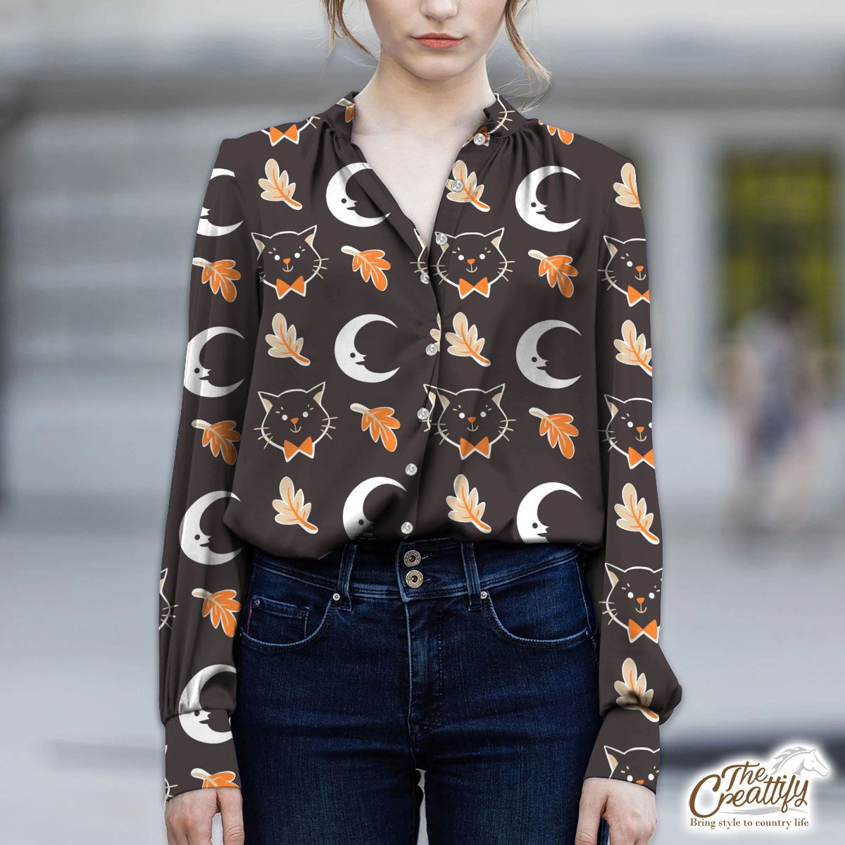 Black Cat With Fall Leaves And Moon Halloween V-Neckline Blouses