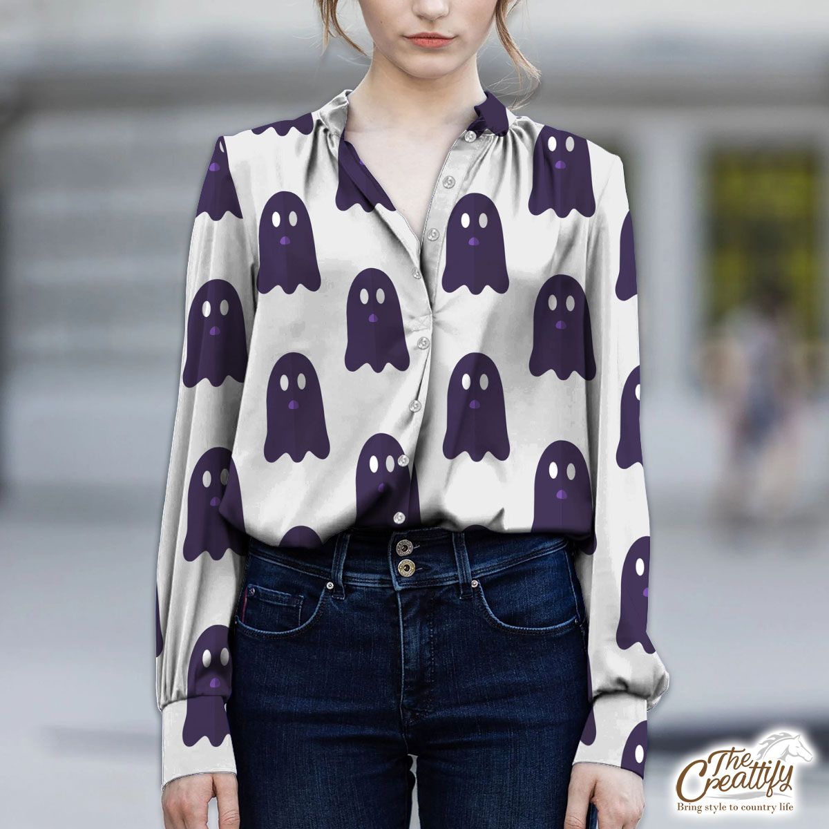 Cute And Funny Purple Boo Ghost Halloween V-Neckline Blouses