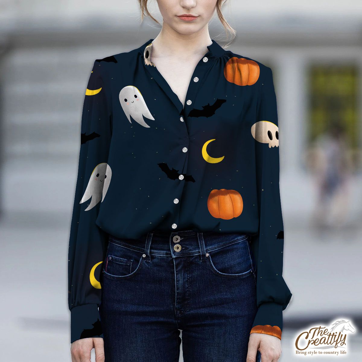 Cute Boo Ghost, Pumpkins With Moon Halloween V-Neckline Blouses