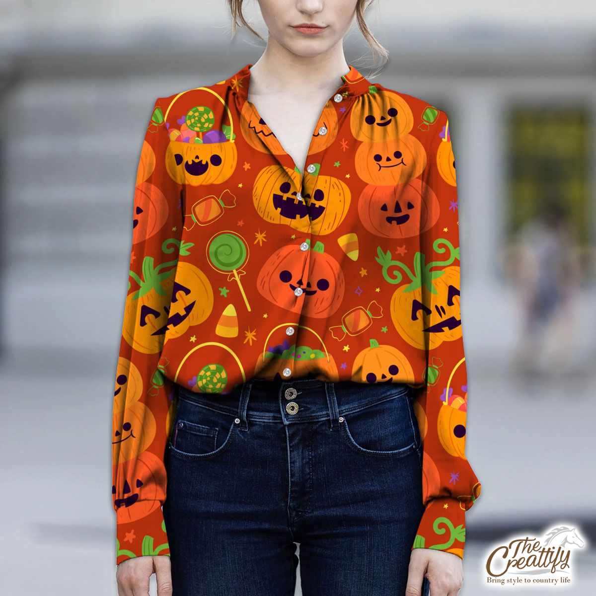 Cute Pumpkin, Jack O Lantern Full of Candy Orange Halloween V-Neckline Blouses
