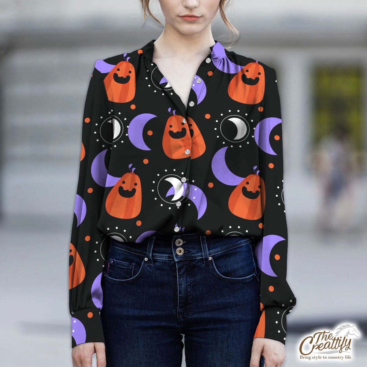 Funny Pumpkin Carving With Crescent Moon Halloween V-Neckline Blouses