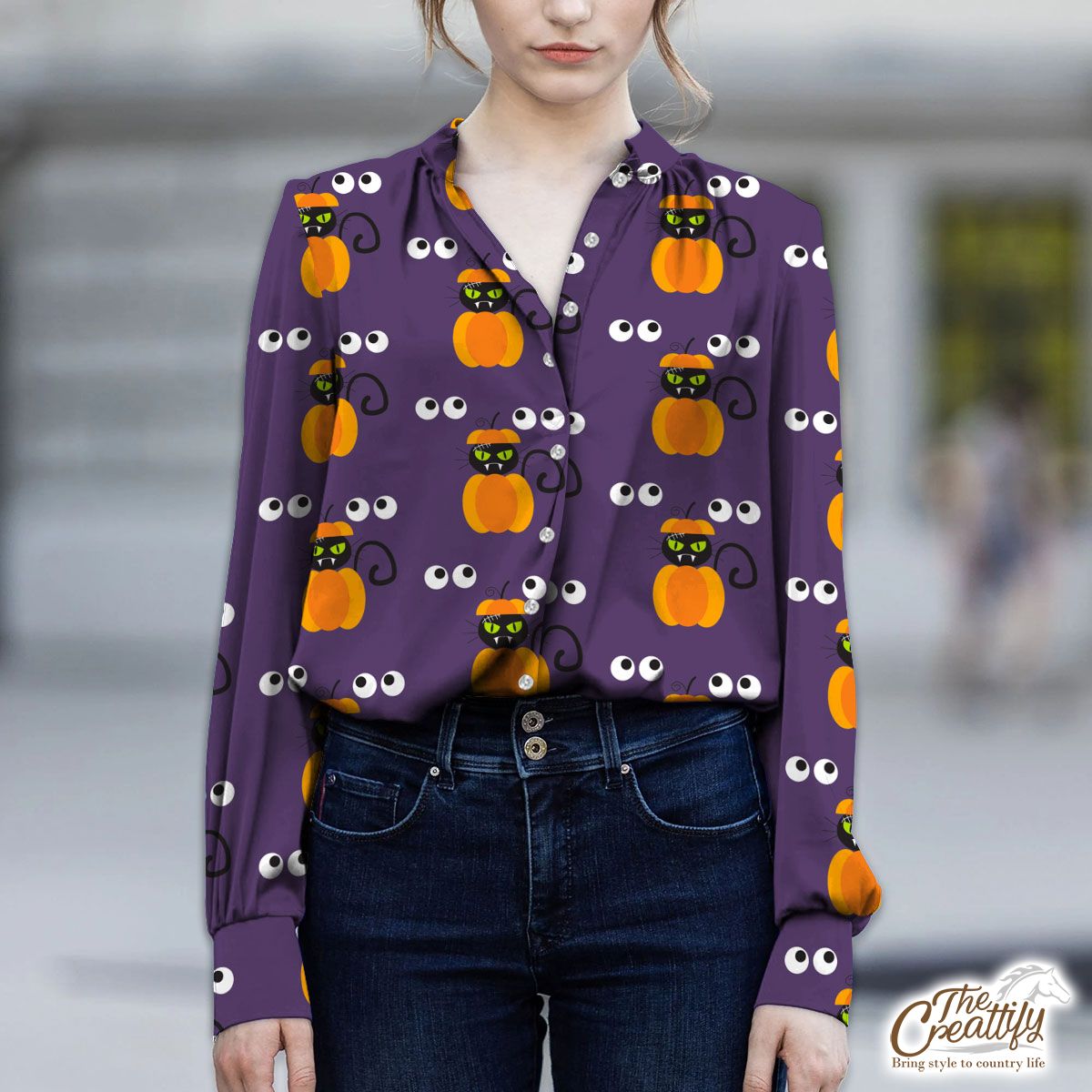 Halloween Black Cat in Pumpkin Jack O Lantern V-Neckline Blouses