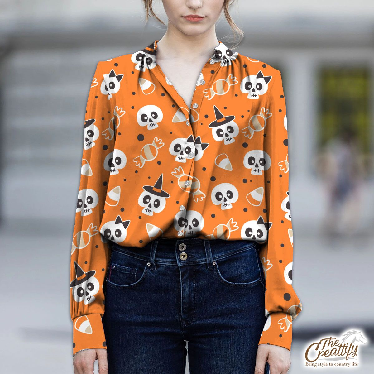 Halloween Candy Cartoon Skull With Witch Hat On Orange Color Background V-Neckline Blouses
