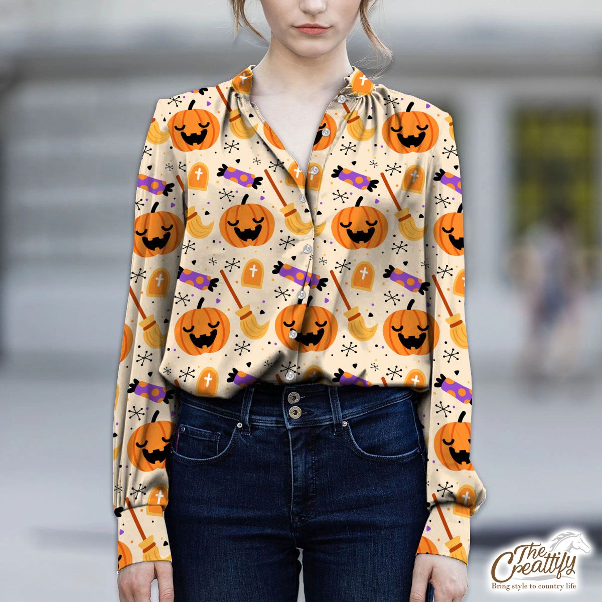 Halloween Pumpkin Face, Jack O Lantern, Candy Halloween, Witch Broom Orange V-Neckline Blouses