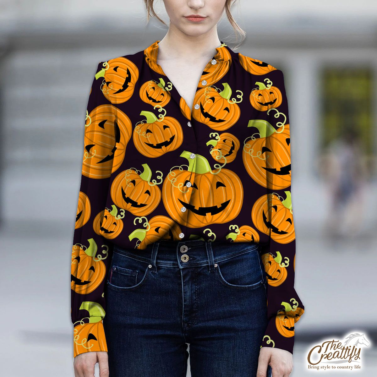 Halloween Pumpkin Scary Jack O Lantern V-Neckline Blouses