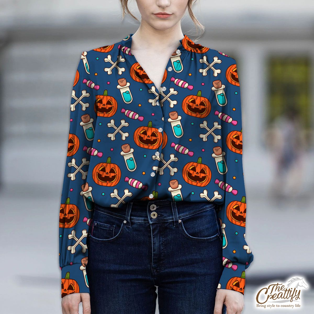 Halloween Scary Pumpkin Face With Candy And Bone V-Neckline Blouses