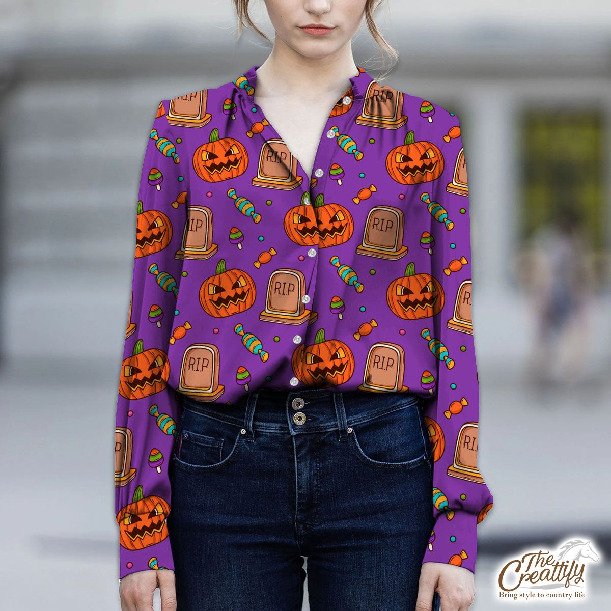 Halloween Scary Pumpkin Face With Headstone And Candy V-Neckline Blouses