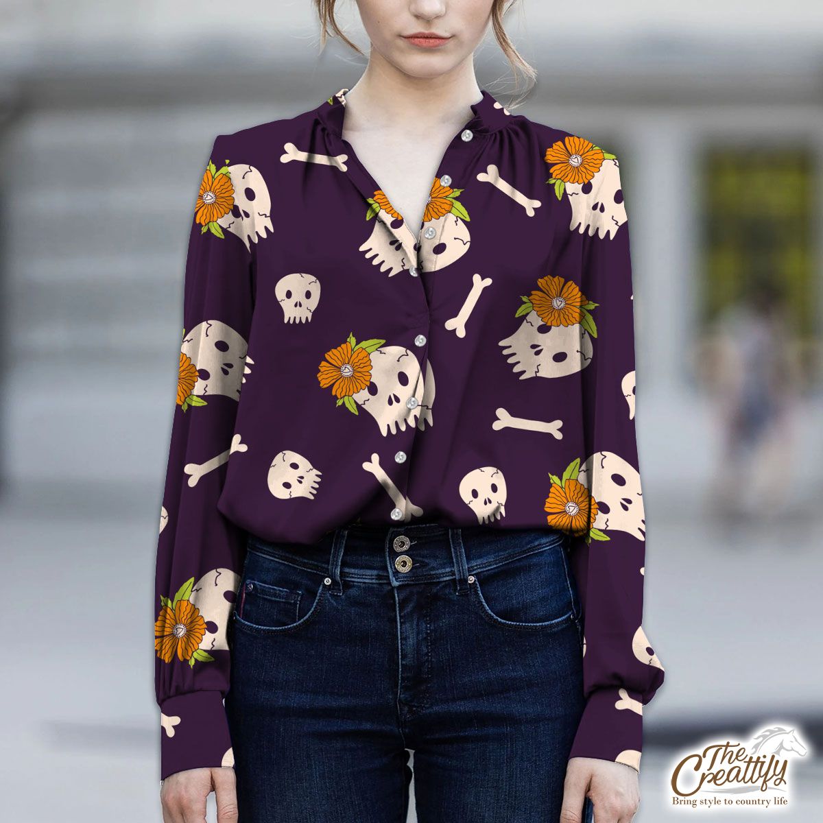 Halloween Skull Seamless Pattern With Sunflower V-Neckline Blouses