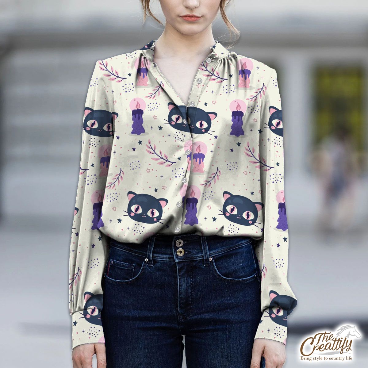 Happy Halloween With Black Cat On The Light Background V-Neckline Blouses