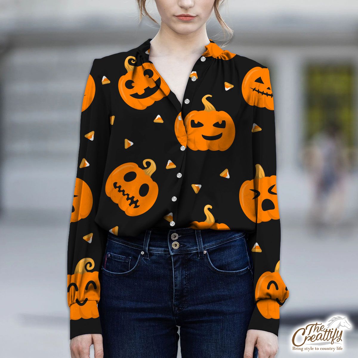 Pumpkin Halloween Scary Jack O Lantern Medium V-Neckline Blouses