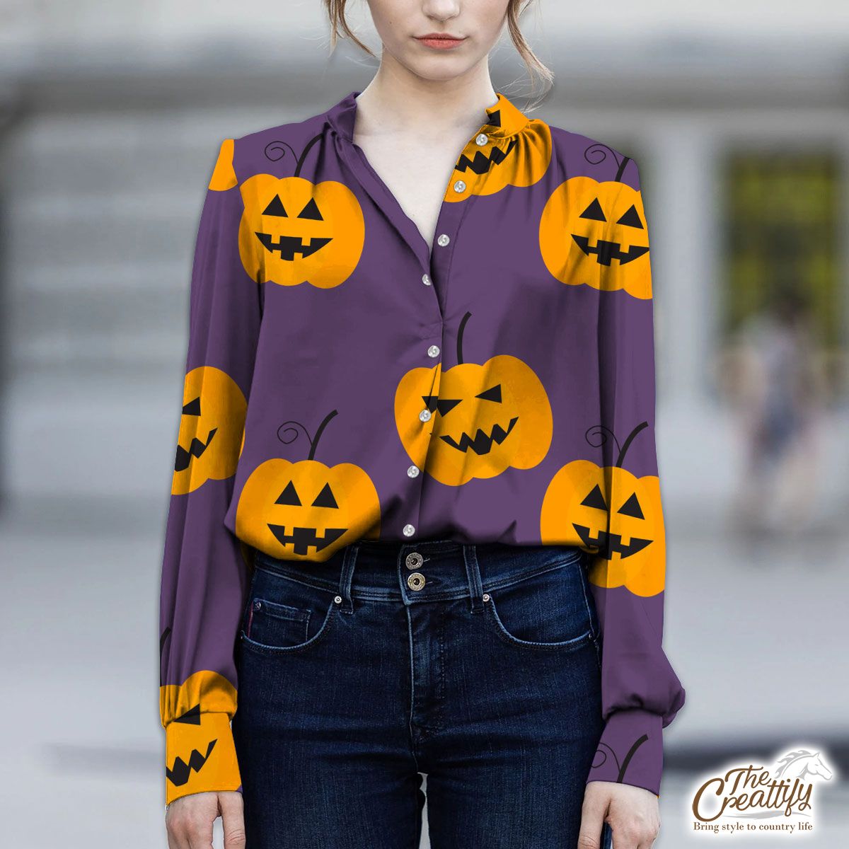 Pumpkin Halloween Scary Jack O Lantern V-Neckline Blouses