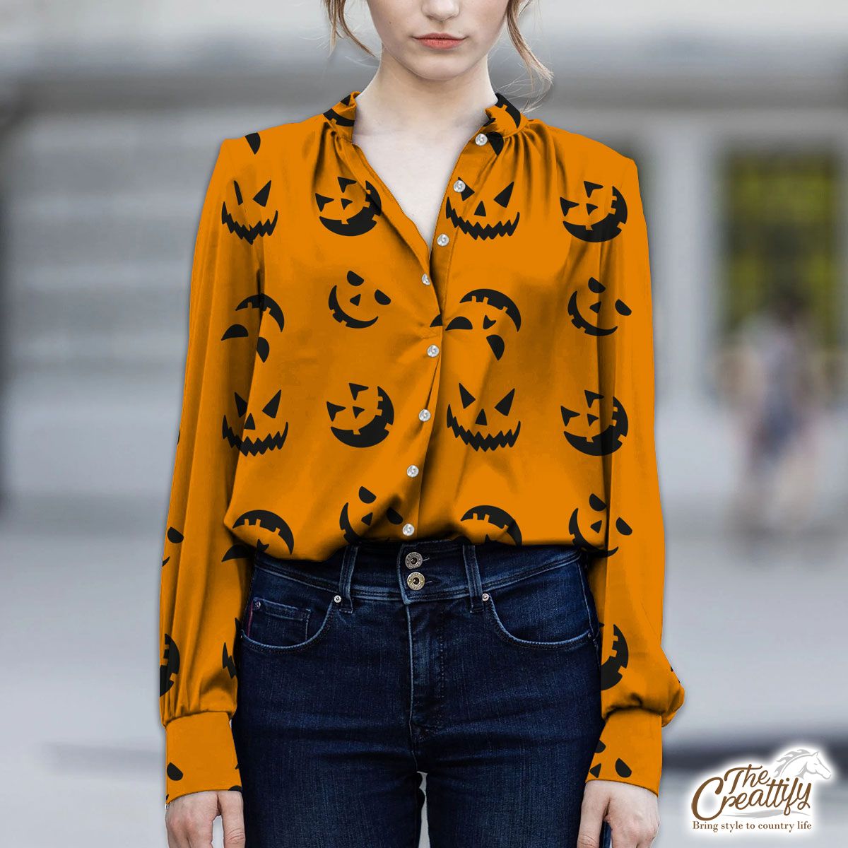 Scary Face On The Orange Color Background Halloween V-Neckline Blouses