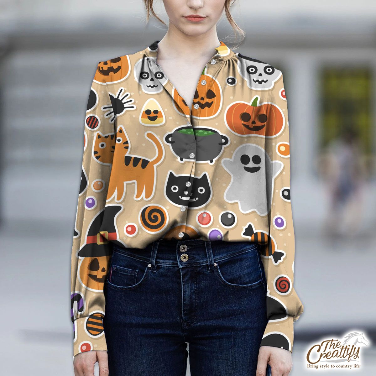 Scary Halloween Cat  With Pumpkin Jack O Lantern and Skull V-Neckline Blouses