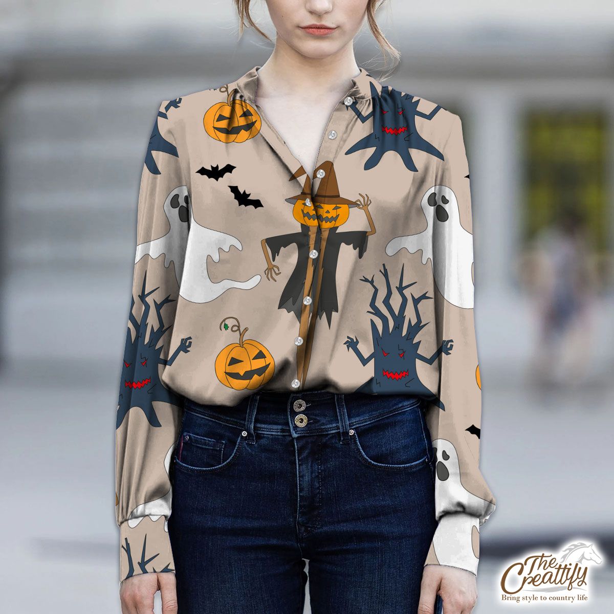 Scary Halloween Straw Scarecrow With Hat Pumpkin and Ghost V-Neckline Blouses