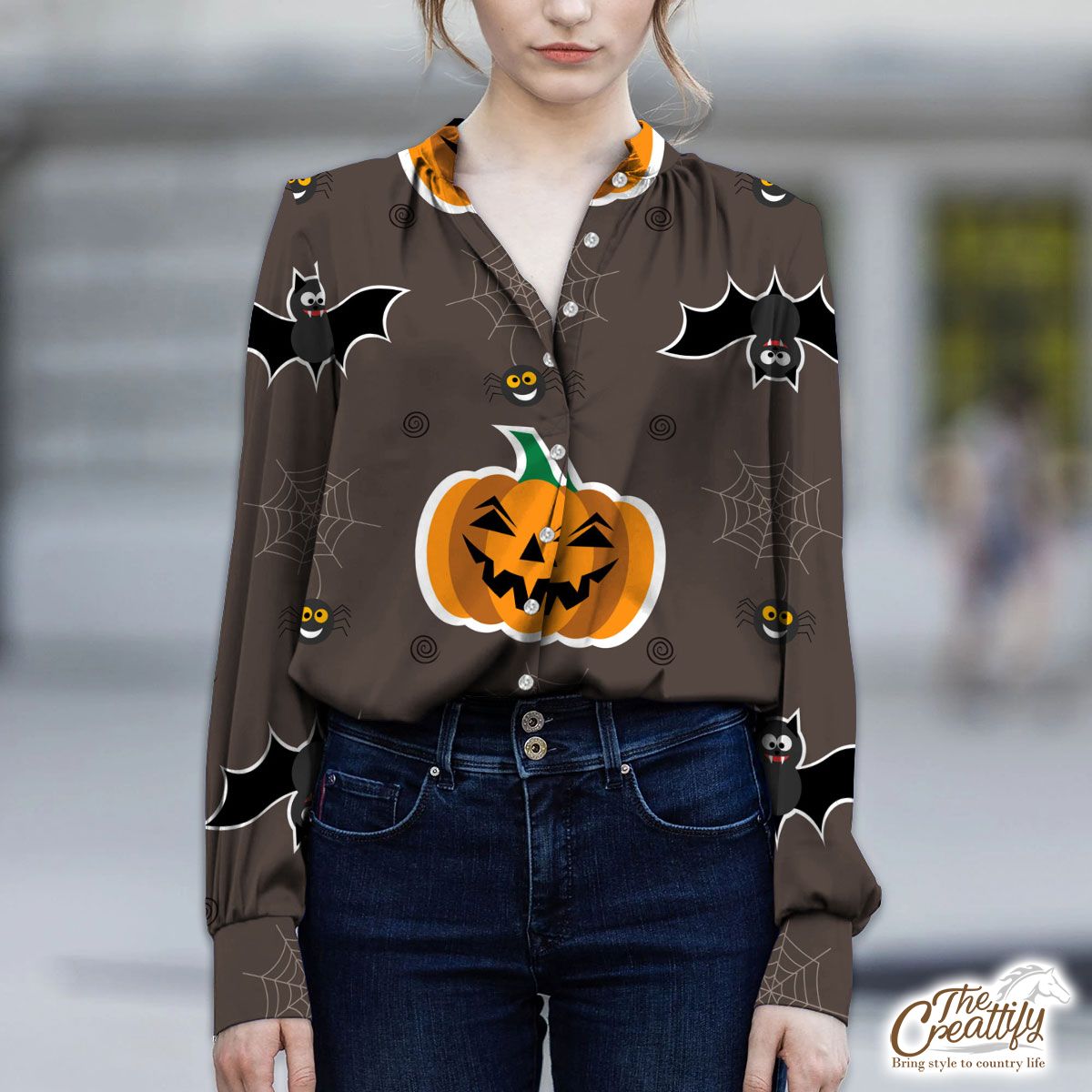 Scary Halloween With Pumpkin Jack O Lantern and Bat V-Neckline Blouses