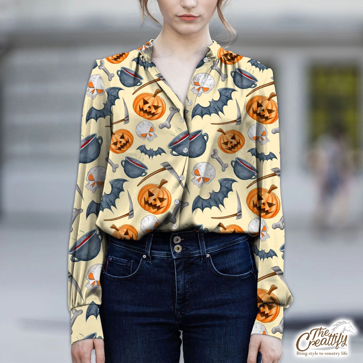 Scary Pumpkin Face On The Spooky Background Halloween V-Neckline Blouses