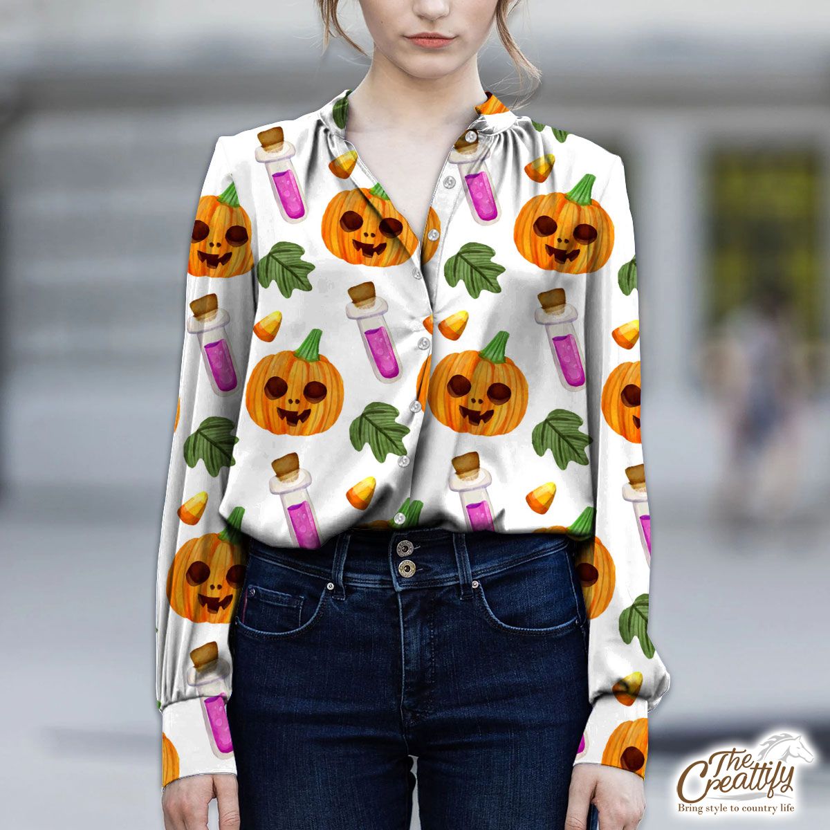 Scary Pumpkin Face and Witch Potions White Halloween V-Neckline Blouses