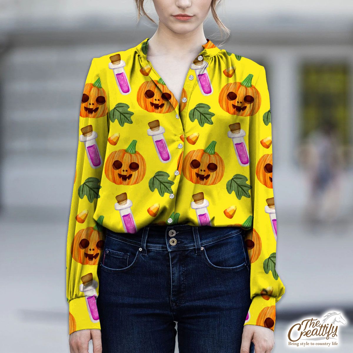 Scary Pumpkin Face and Witch Potions Yellow Halloween V-Neckline Blouses