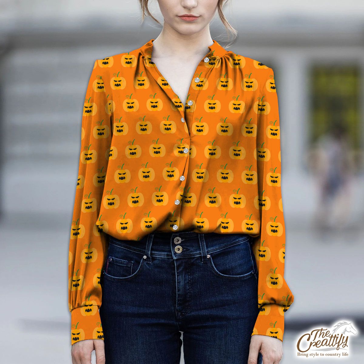 Scary Pumpkin Faces On Halloween Background V-Neckline Blouses