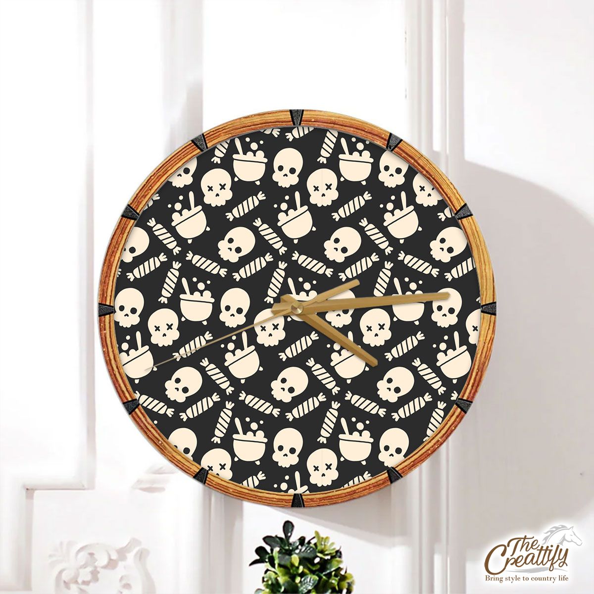 Black And White Skull Emoji With Halloween Candy Wall Clock