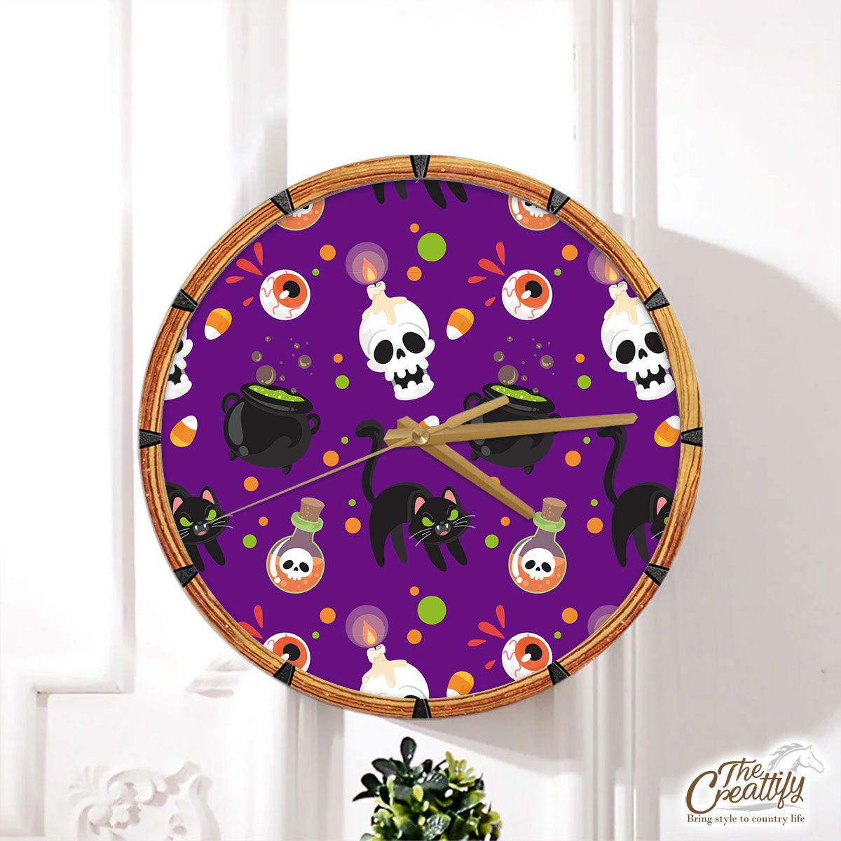 Black Cat And Skull On The Spooky Background Halloween Wall Clock