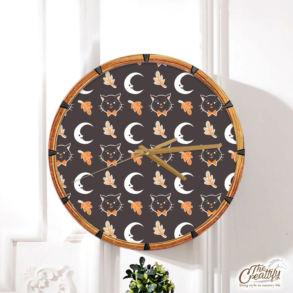 Black Cat With Fall Leaves And Moon Halloween Wall Clock
