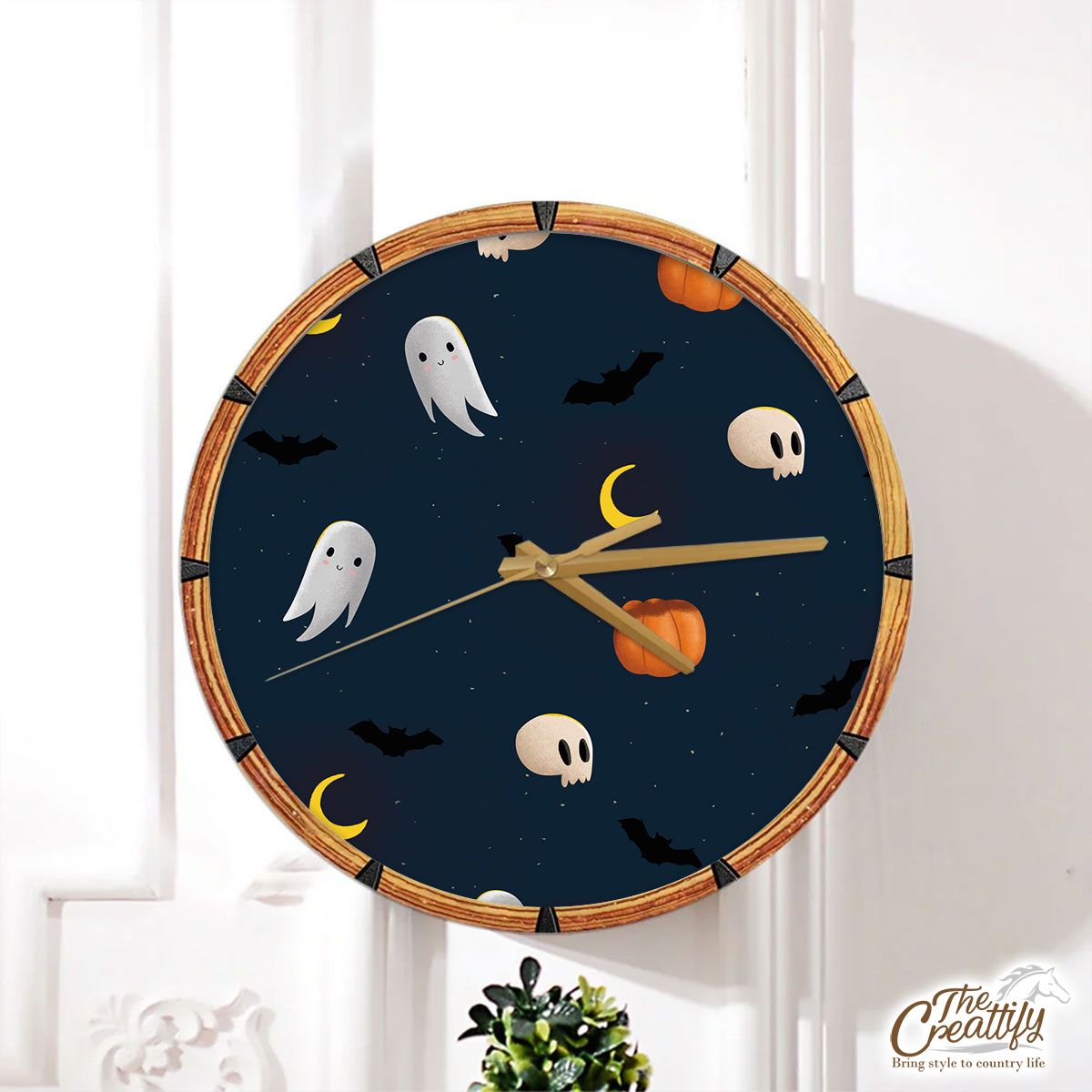Cute Boo Ghost, Pumpkins With Moon Halloween Wall Clock