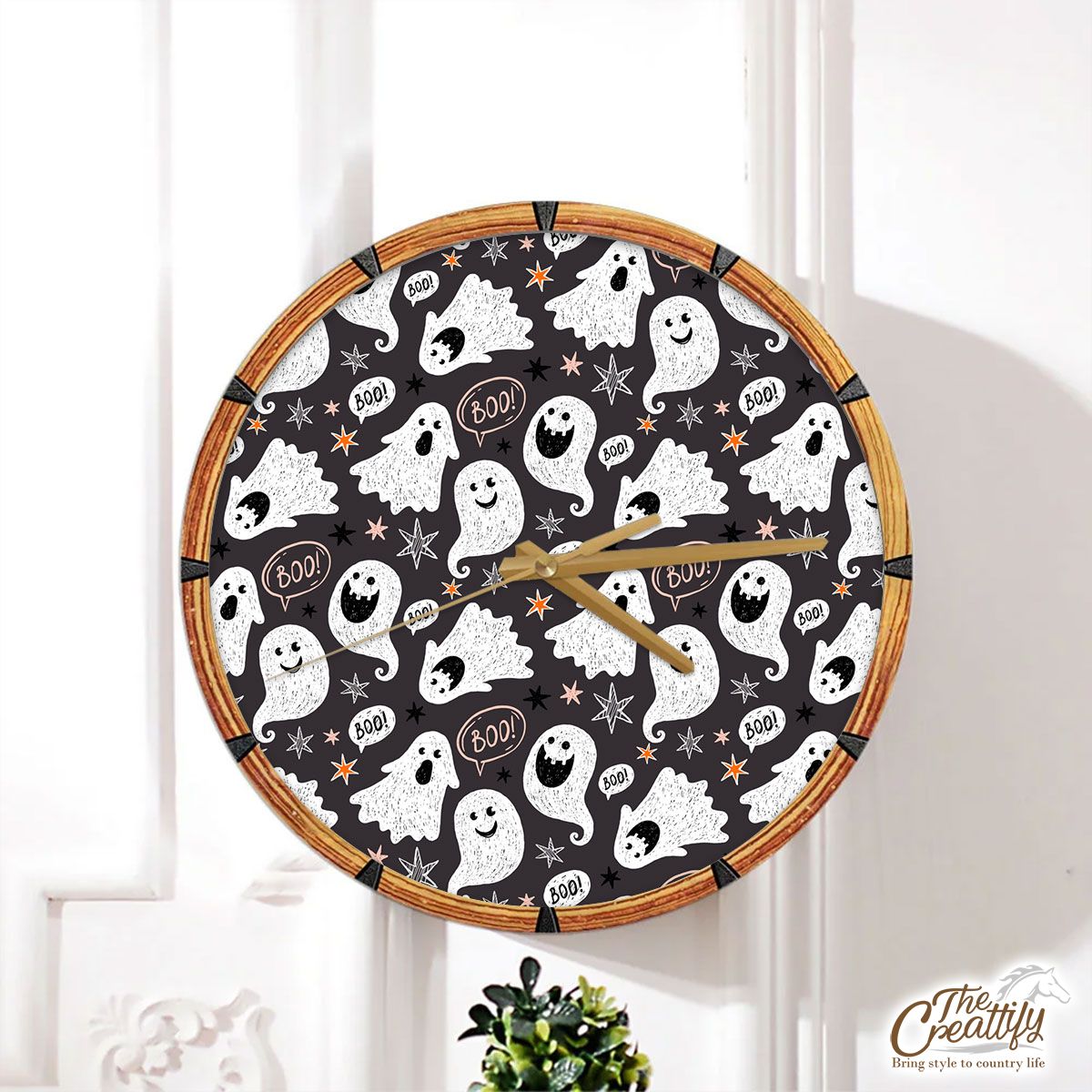 Cute Ghost On The Halloween Background Wall Clock