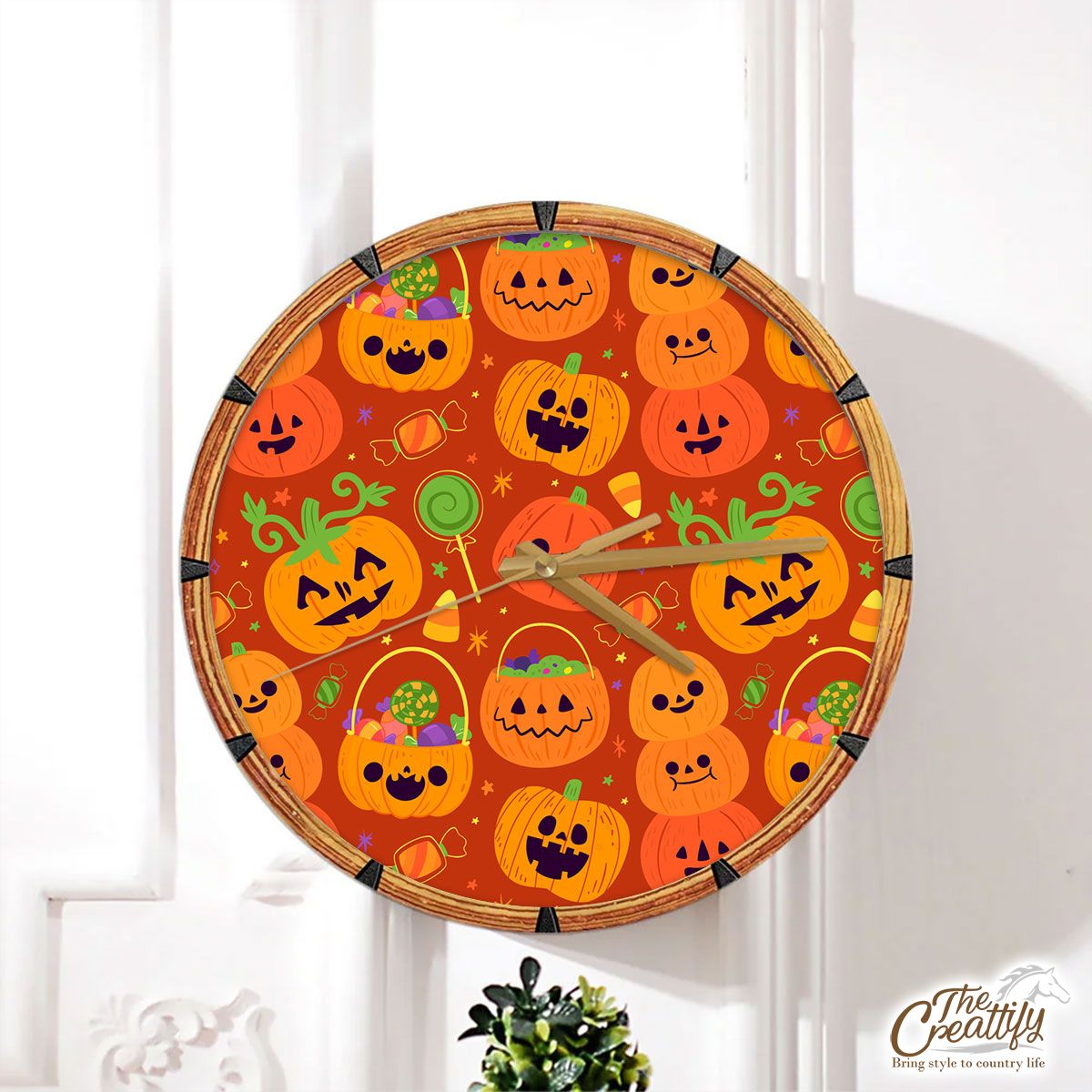 Cute Pumpkin, Jack O Lantern Full of Candy Orange Halloween Wall Clock