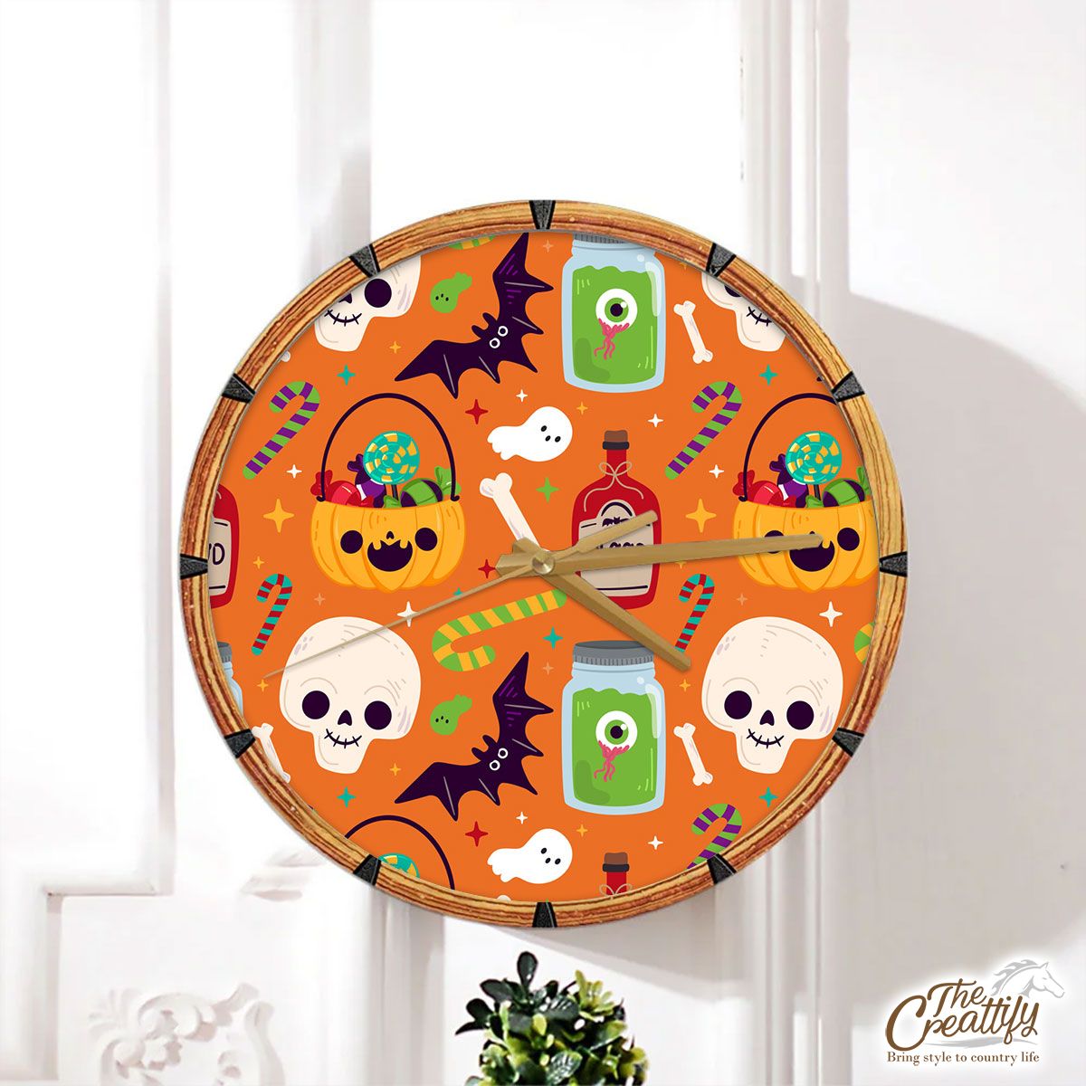 Cute Pumpkin, Jack O Lantern Full of Candy, Witch Potions and Bat Orange Halloween Wall Clock