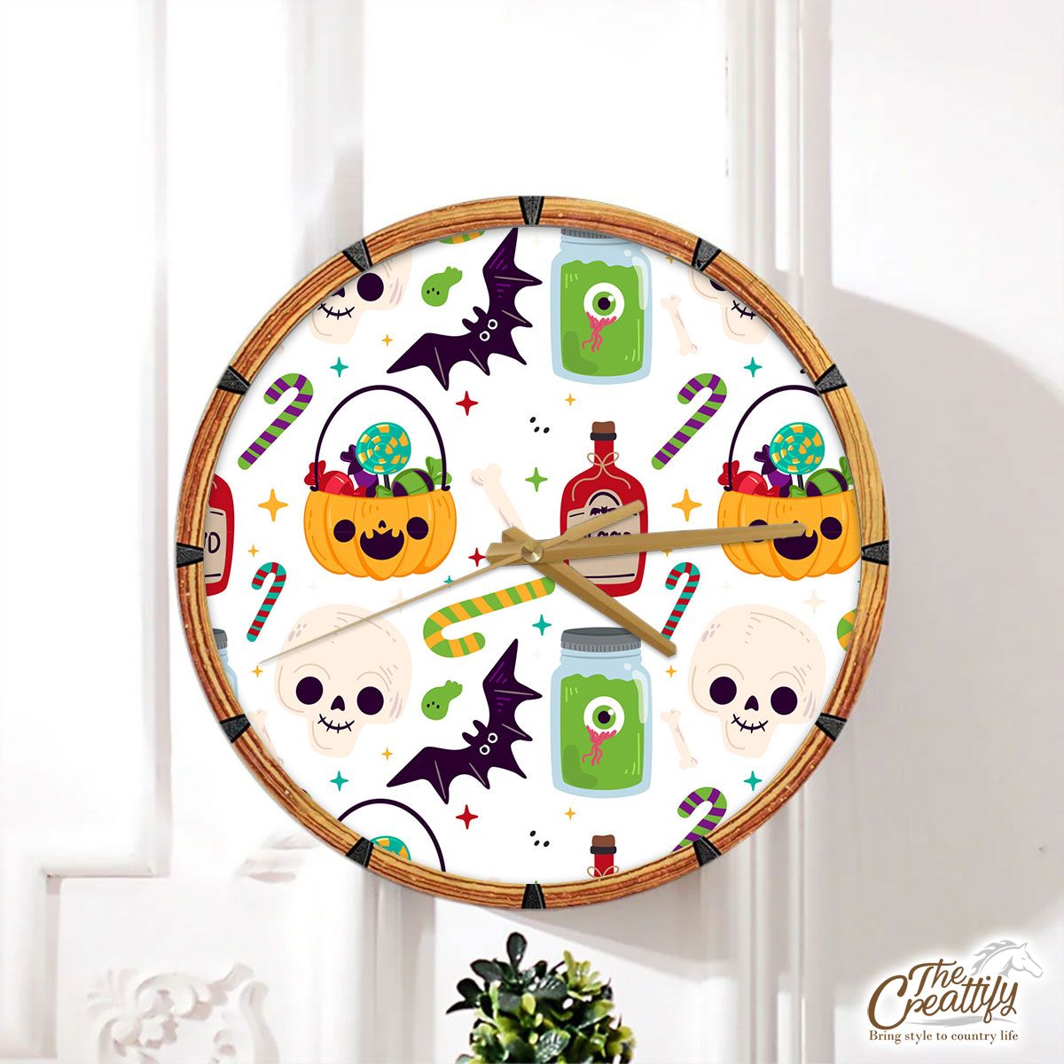 Cute Pumpkin, Jack O Lantern Full of Candy, Witch Potions and Bat White Halloween Wall Clock