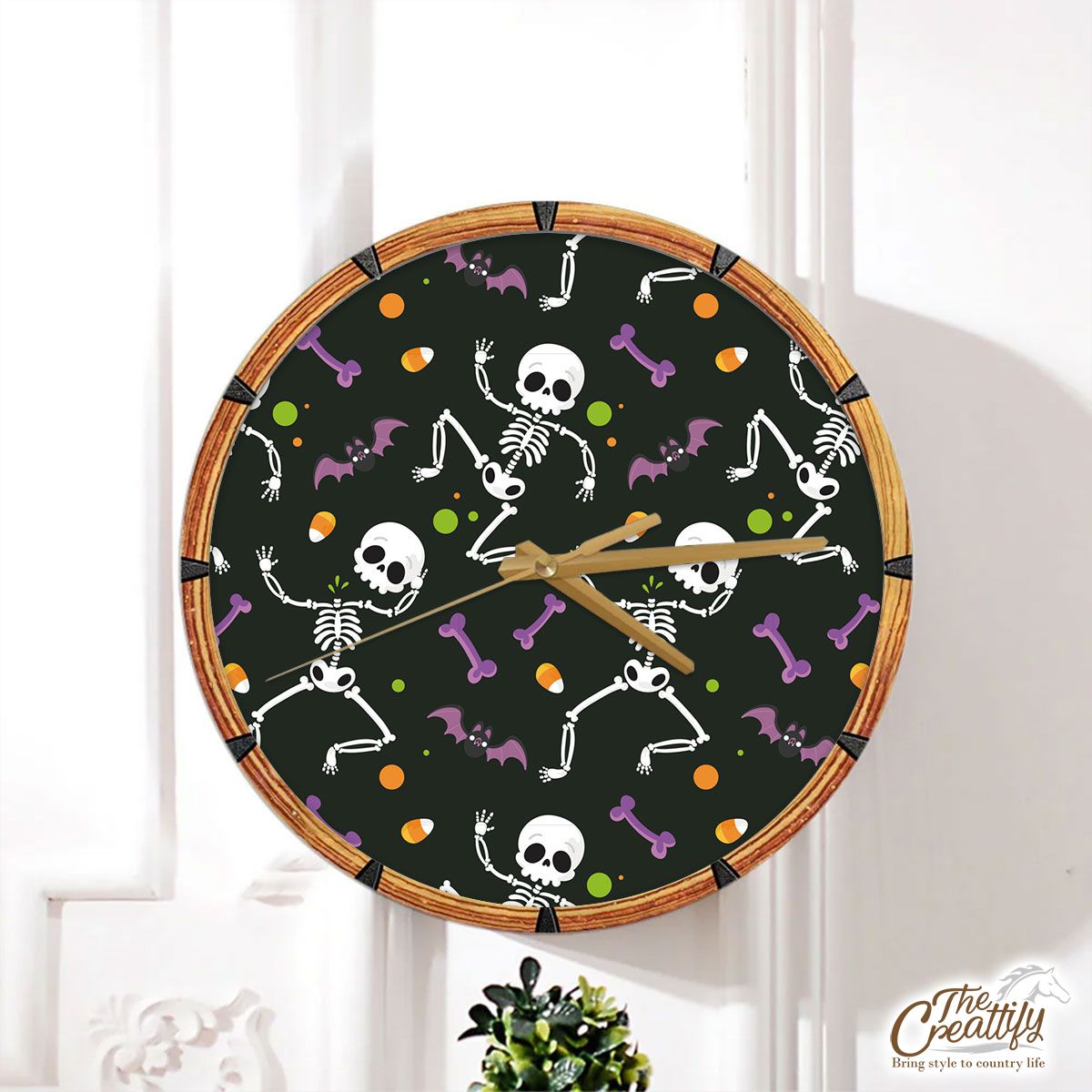 Funny Halloween Dancing Animated Skeleton On Halloween Background Wall Clock