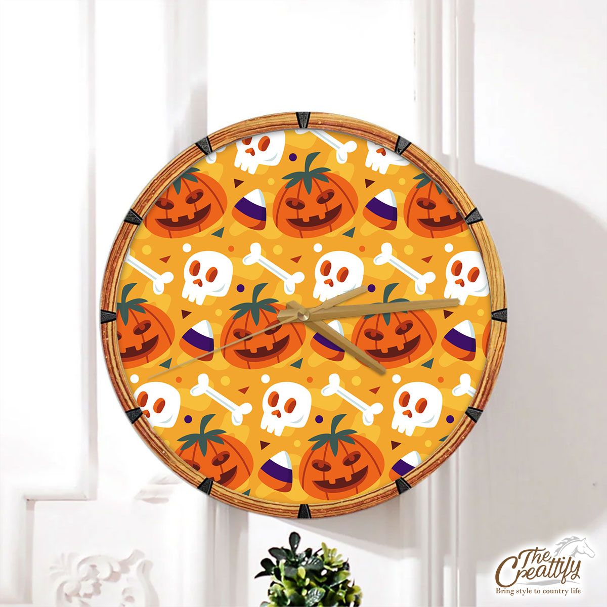 Funny Halloween Pumpkin Face, Jack O Lantern, Halloween Skeleton Wall Clock