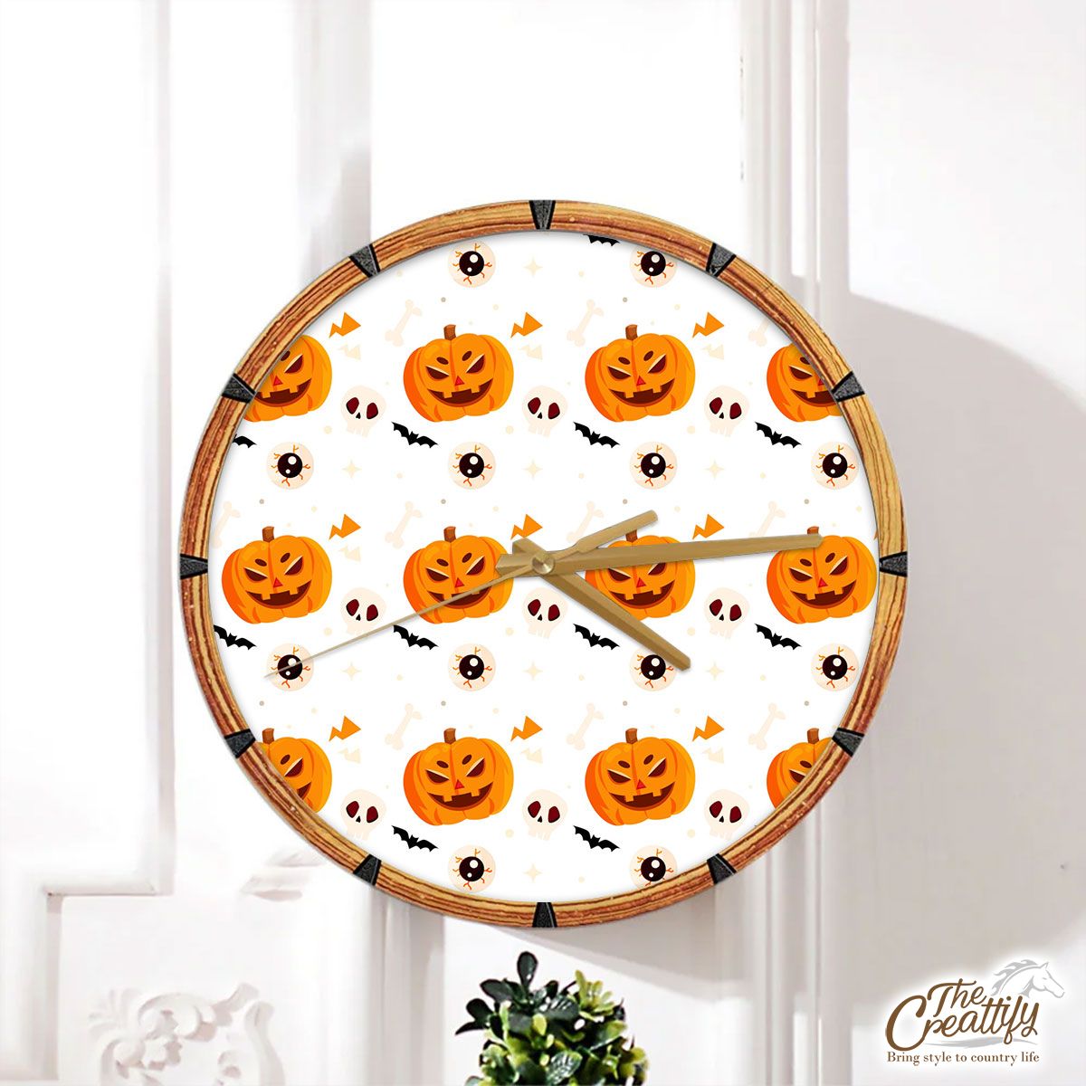 Funny Halloween Pumpkin Face, Jack O Lantern, Horror Bats Wall Clock
