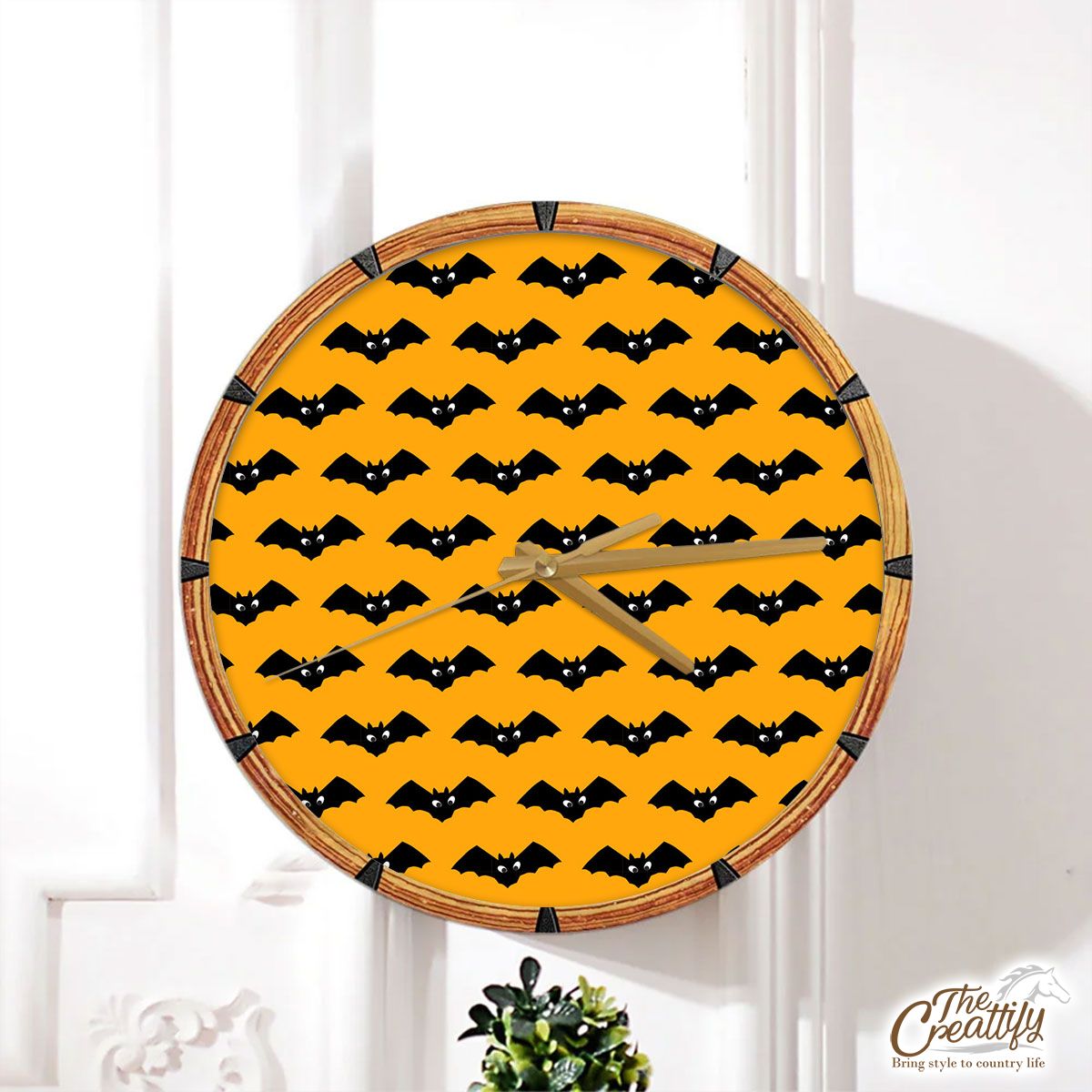 Halloween Bats On Orange Background Wall Clock