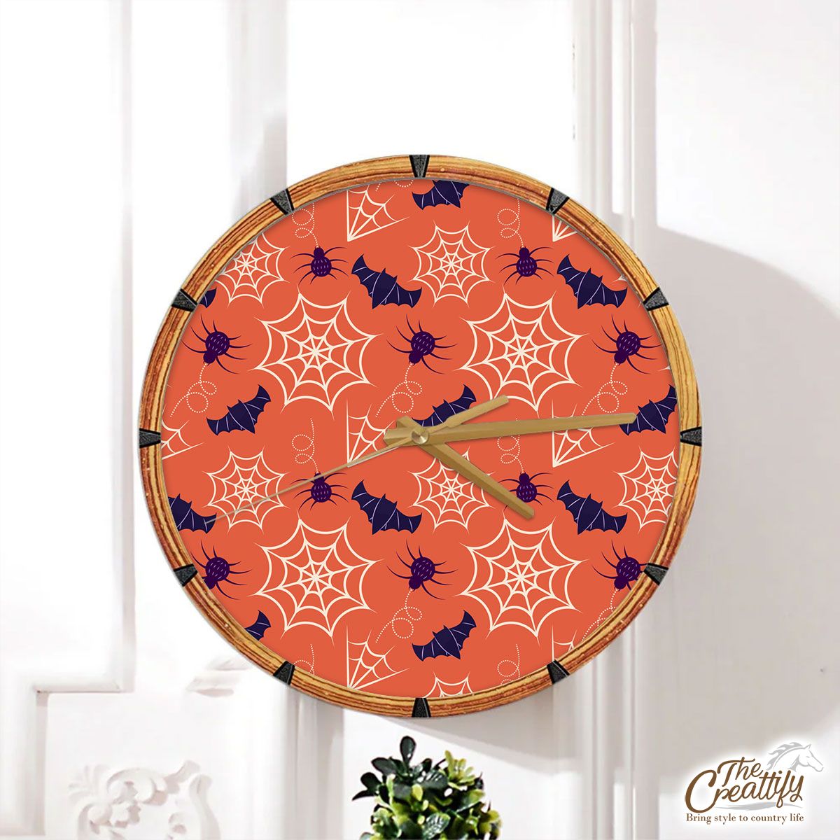 Halloween Bats With Spider Web Orange Wall Clock