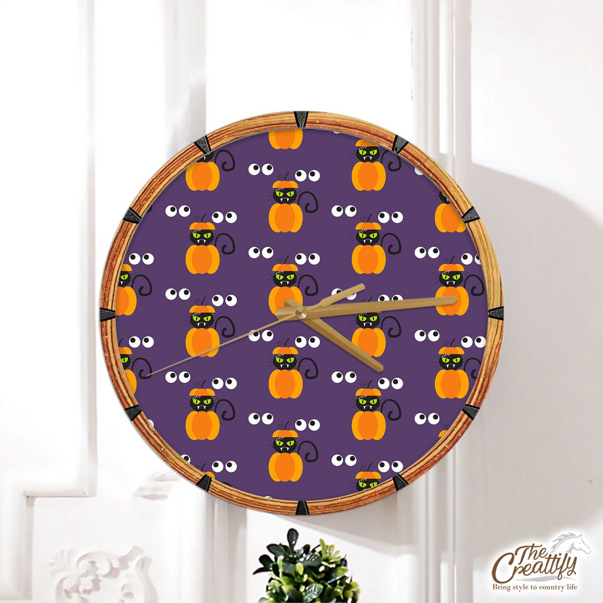 Halloween Black Cat in Pumpkin Jack O Lantern Wall Clock