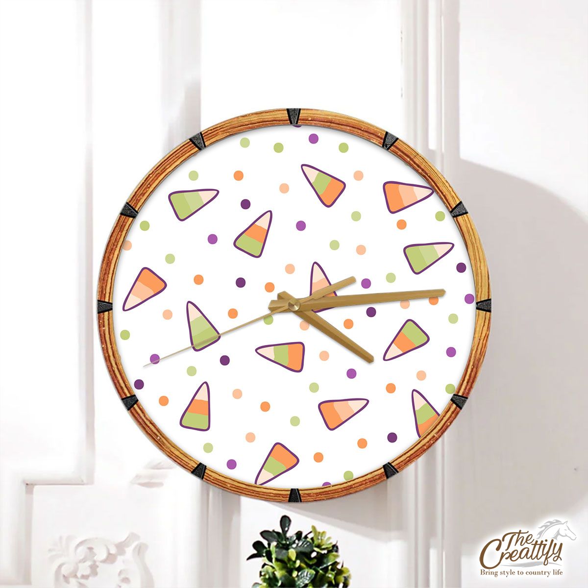 Halloween Candy Seamless Pattern With Polka Dot Wall Clock