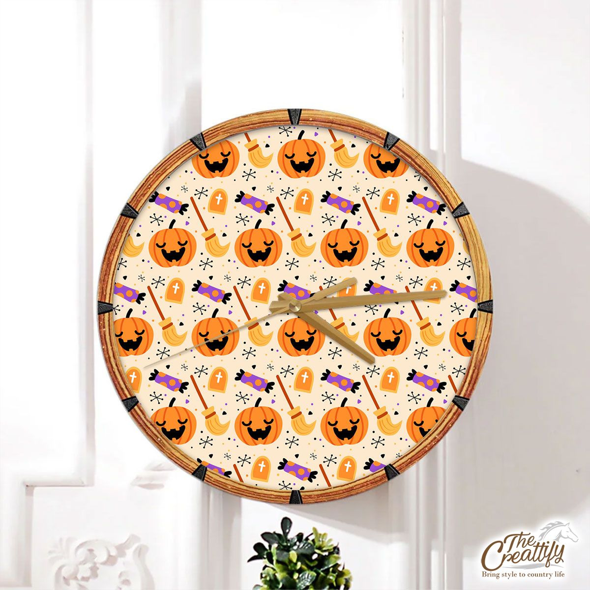 Halloween Pumpkin Face, Jack O Lantern, Candy Halloween, Witch Broom Orange Wall Clock