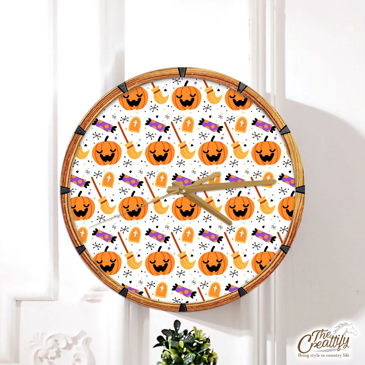 Halloween Pumpkin Face, Jack O Lantern, Candy Halloween, Witch Broom White Wall Clock
