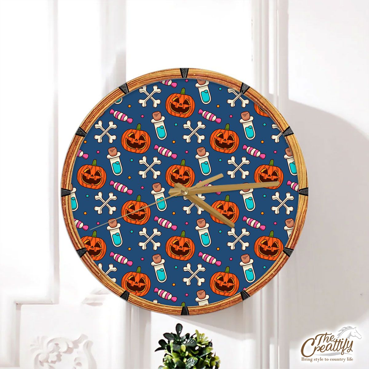 Halloween Scary Pumpkin Face With Candy And Bone Wall Clock