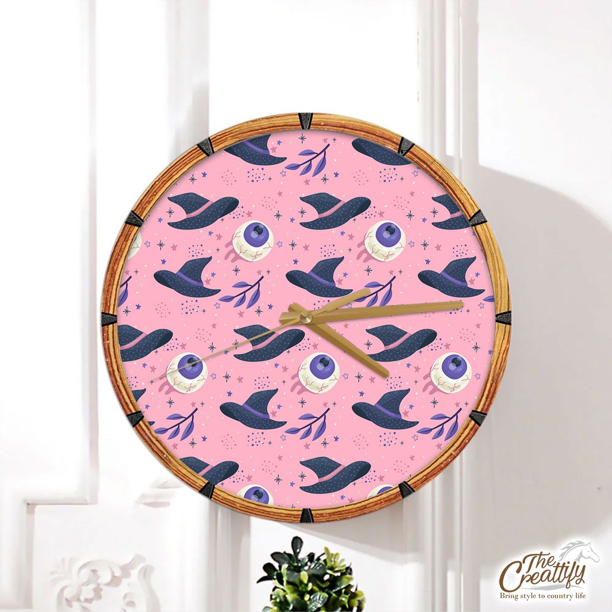 Halloween Witch Hat Halloween Eyes On The Pink Background Wall Clock