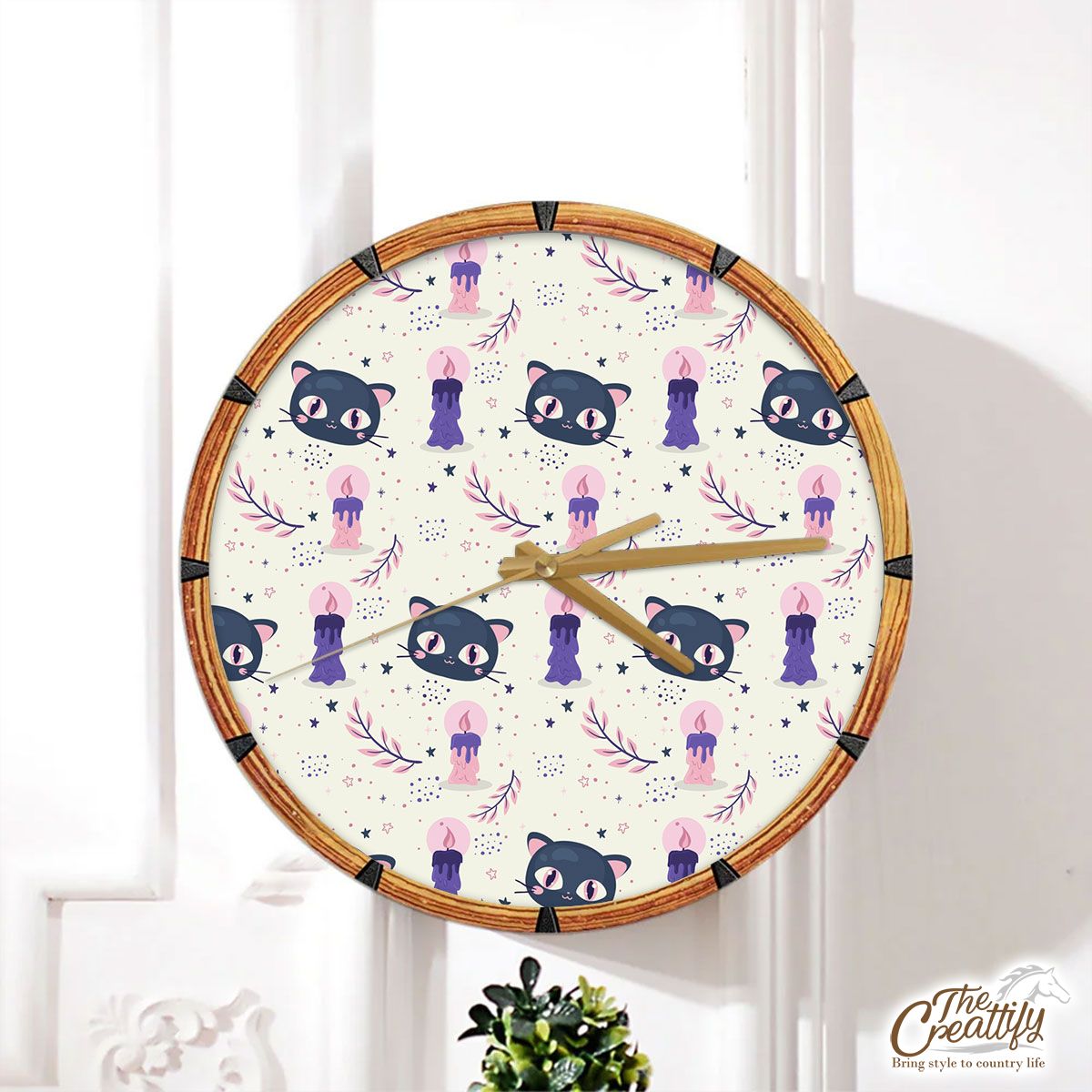 Happy Halloween With Black Cat On The Light Background Wall Clock