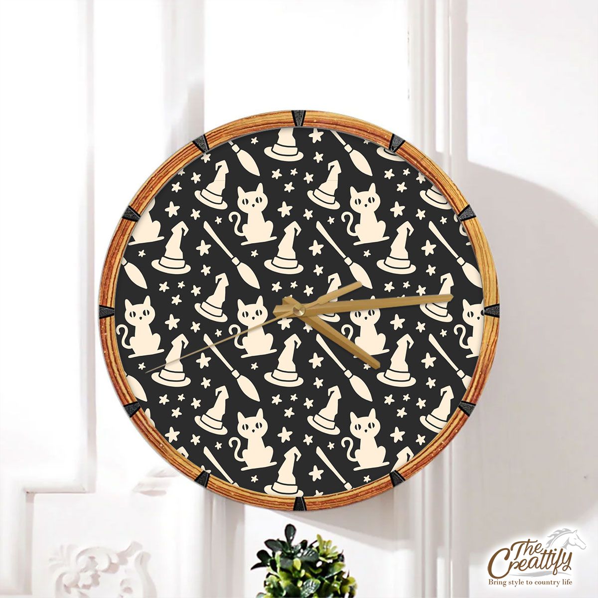 Happy Halloween With Cat, Witch Hat And Broom Wall Clock