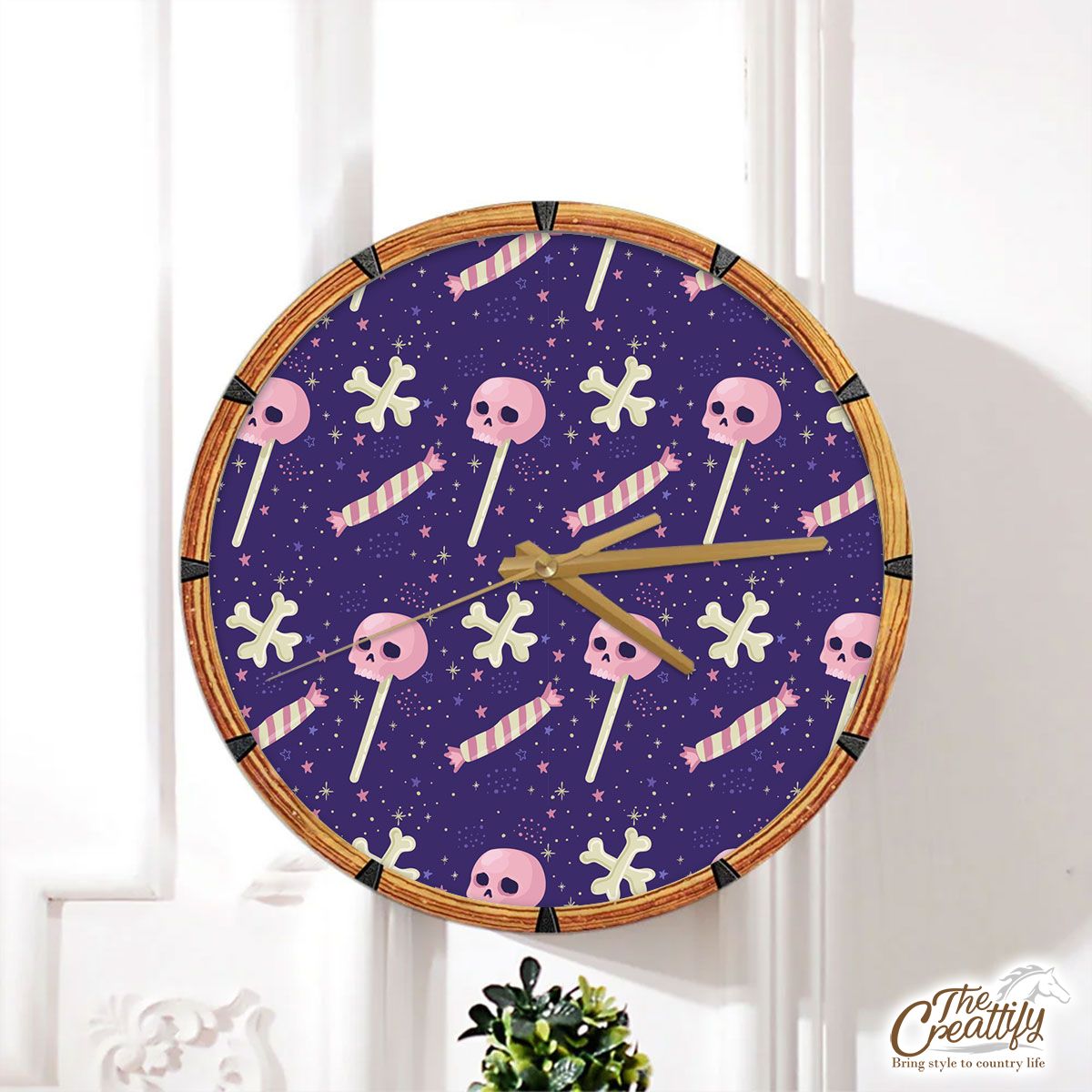 Happy Halloween With Skull, Candy And Bone Wall Clock
