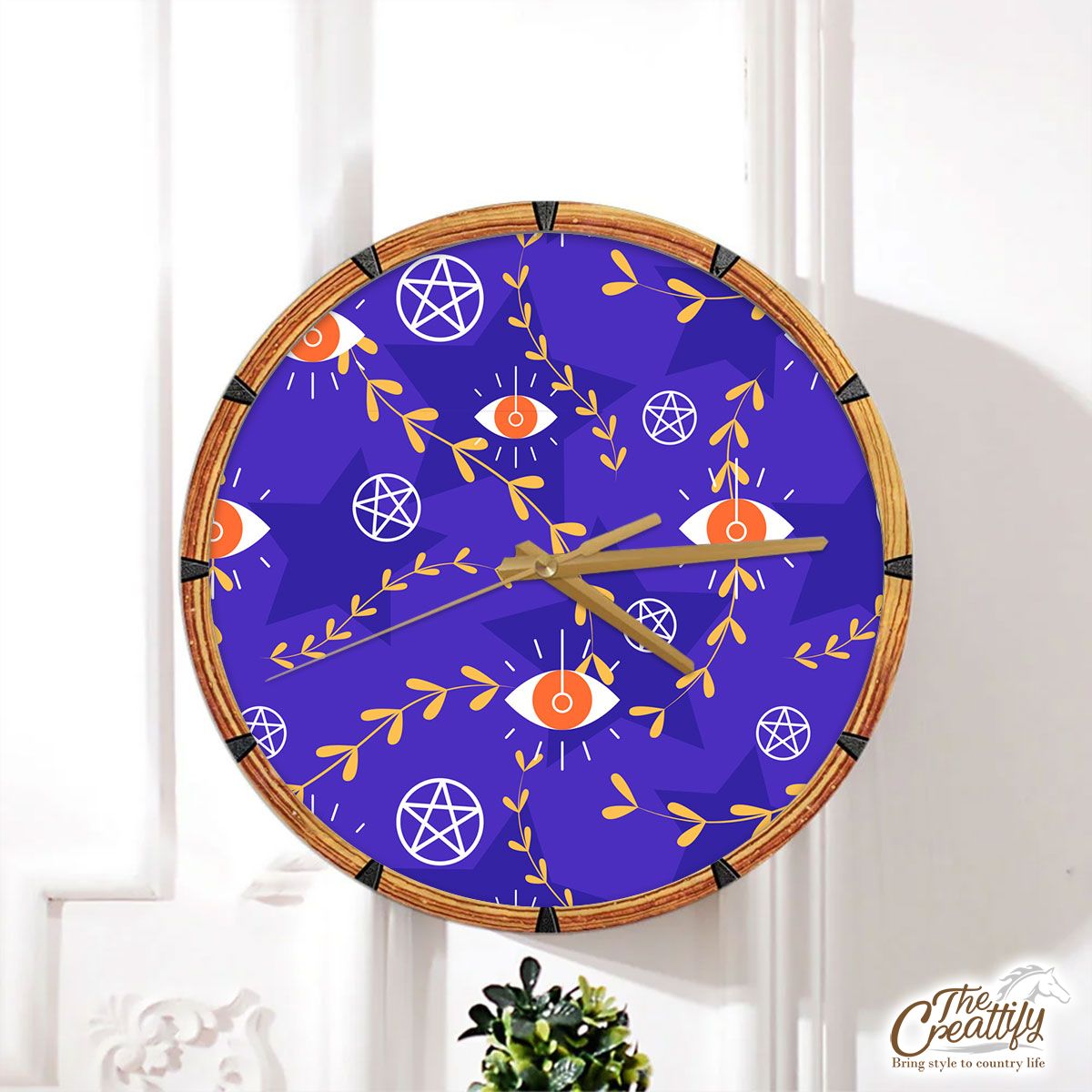 Pentagram Star With Evil Eyes On Blue Background Halloween Wall Clock