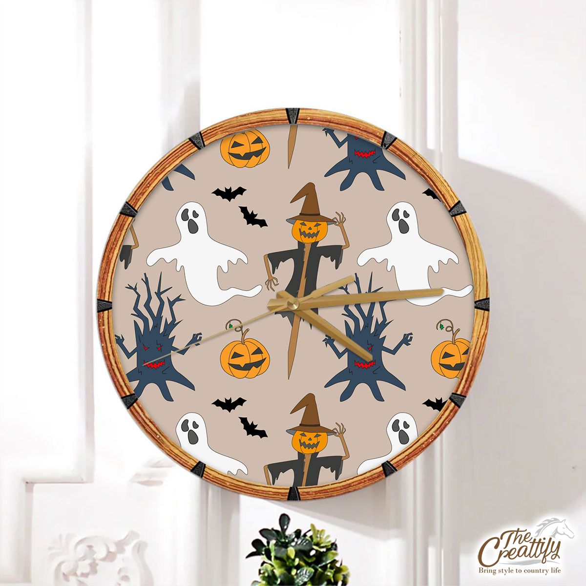 Scary Halloween Straw Scarecrow With Hat Pumpkin and Ghost Wall Clock