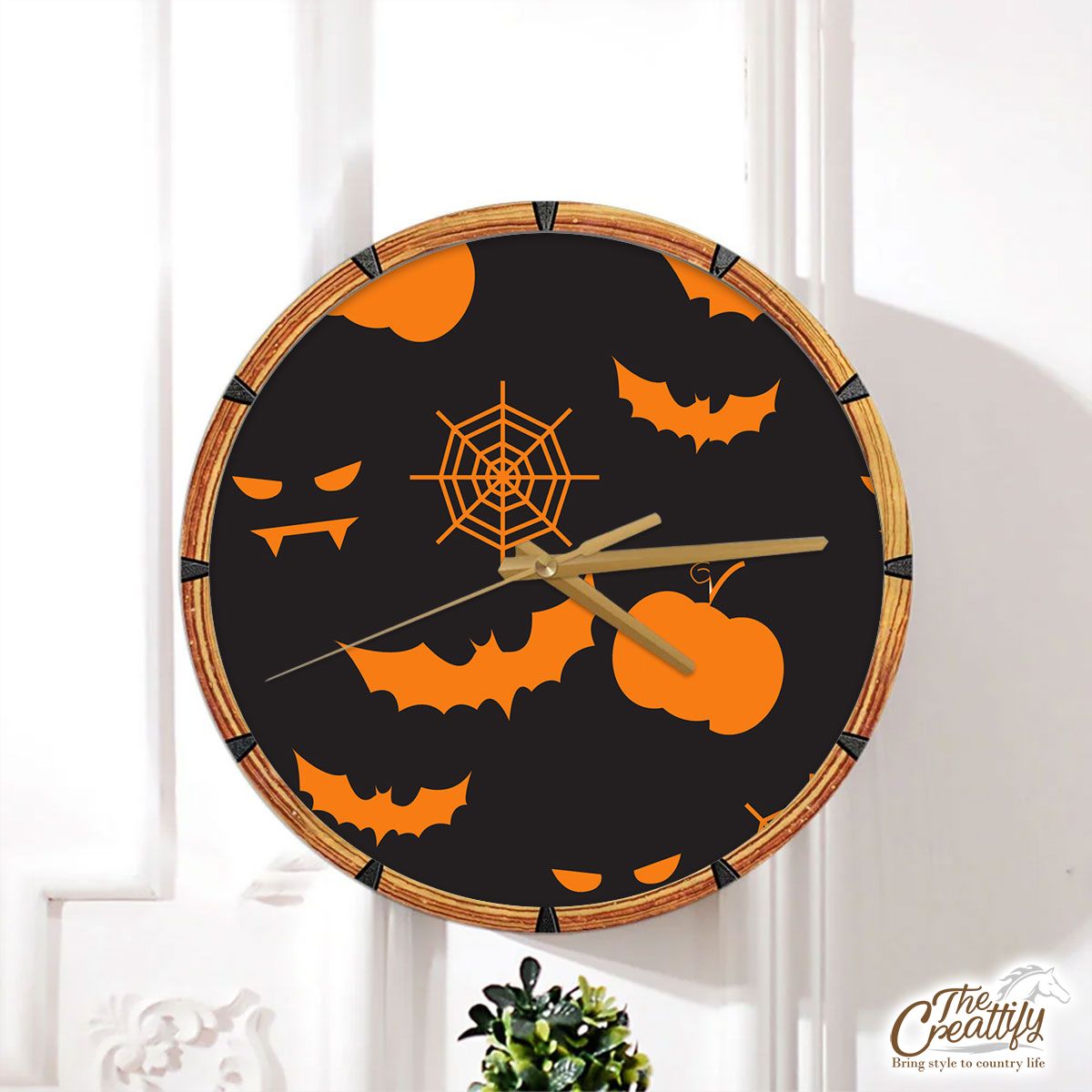 Scary Halloween Vampire  With Pumpkin Jack O Lantern and Bat Wall Clock