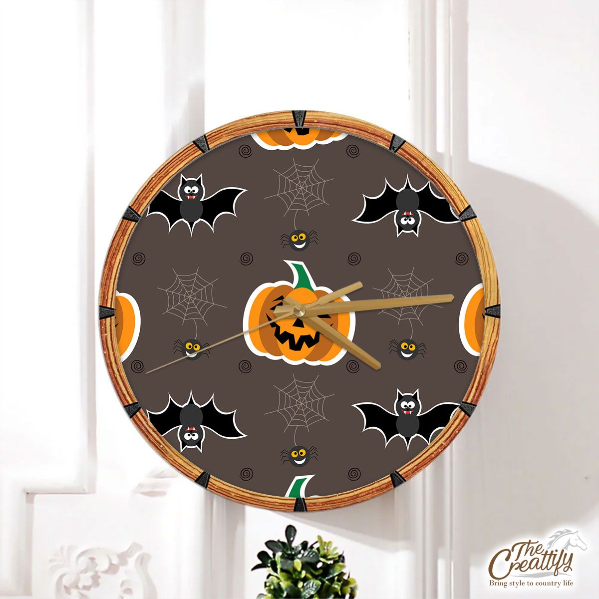 Scary Halloween With Pumpkin Jack O Lantern and Bat Wall Clock